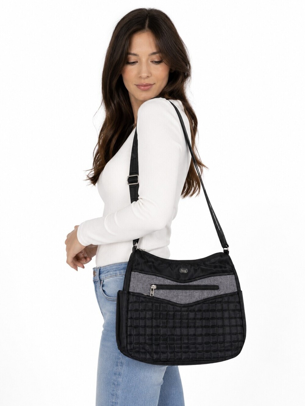 Lug Crossbody Shoulder Bag Black Gray Quilted Travel Organizer Lightweight Purse